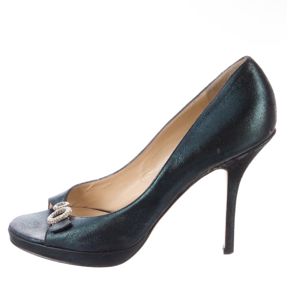 Jimmy Choo Blue Leather Peep-Toe Platform Pumps - Size 9.5